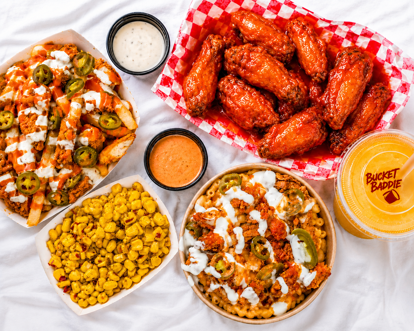 Close-up of a perfectly glazed chicken wing with loaded fries in the background, mac & cheese in the foreground, with a glossy glaze