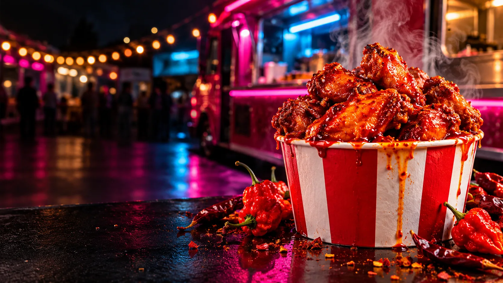 A bucket of fiery buffalo wings from the Bucket Baddie food truck in Houston, set up for the Ghost Mode wing challenge.